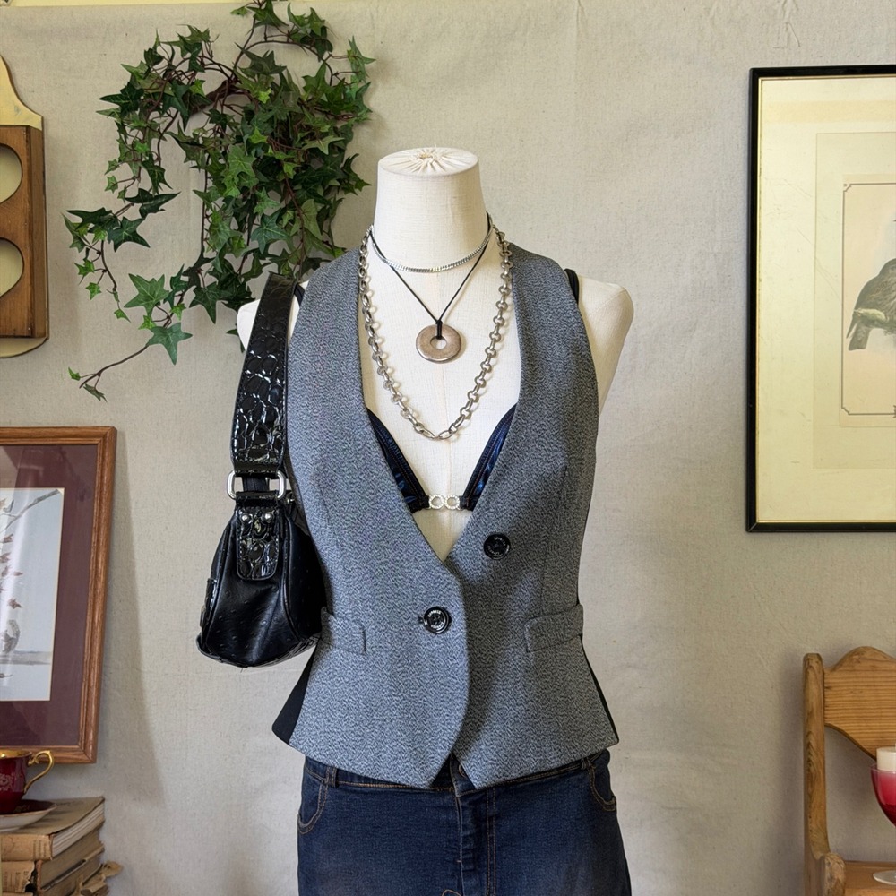 Gray Marled Polyester Vest Racerback Indie Sleaze Y2K 2 Officecore Office Siren